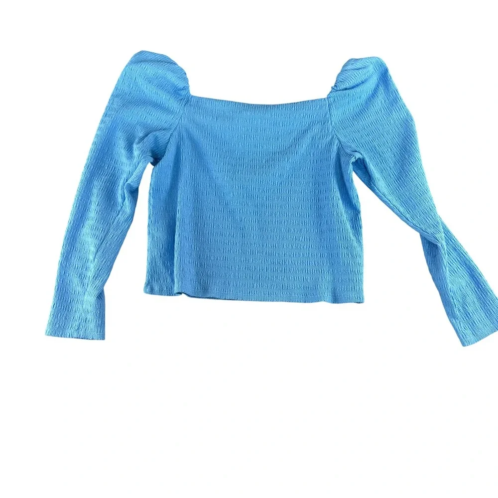 HM Womens Cornflower‎ Blue Textured Square Neck Puff Sleeve Top Large
